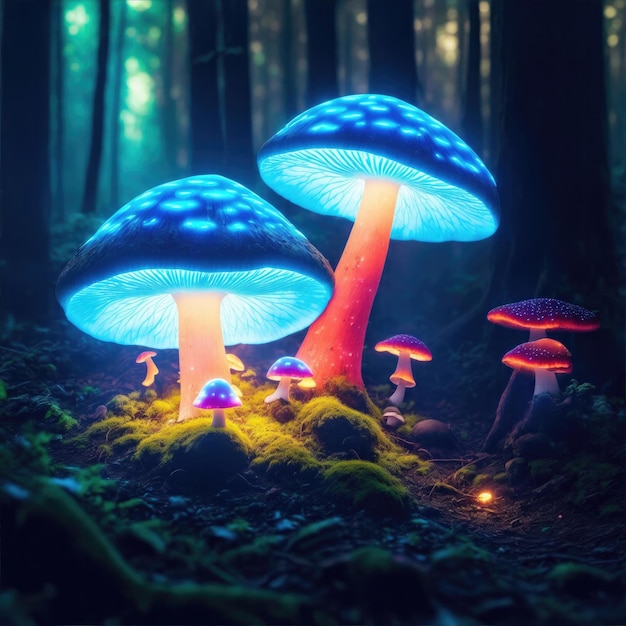 Neon lights around the mushroom Luminous backlit glowing forest mushroom