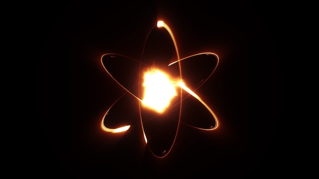 Foto modello atomico di luci al neon atomo di fuoco attorno al nucleo su sfondo nero concetto di scienzaenergiamateria