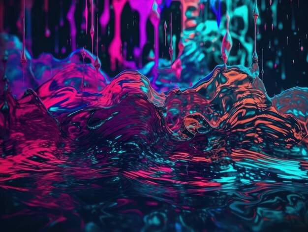 Photo neon lights chromatic holographic liquid dynamic shapes on dark background created with generative ai technology