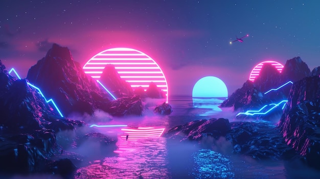 Neon lights creating a surreal 3d landscape 3d style isolated flying objects memphis style 3d render AI generated illustration