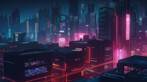 Neon lights in a cyberpunk cityscape Highrise structures AI in the future Generative AI