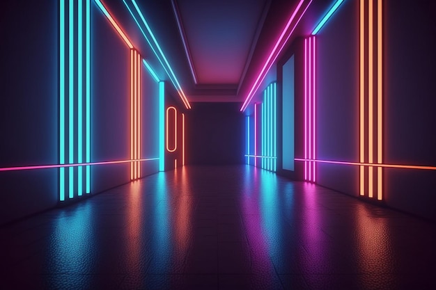 Premium AI Image | Neon lights on a dark corridor