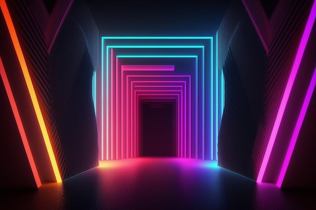 Neon lights in a dark hallway