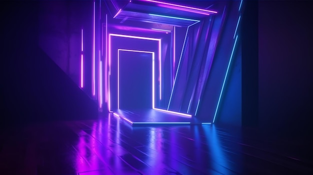 Neon lights in a dark room with a dark floor and a purple wall with a door that says'neon '