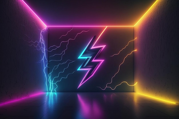 Neon lights in a dark room with a lightning bolt in the corner.