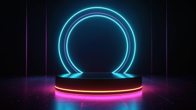 Neon lights in a dark room with a round display.