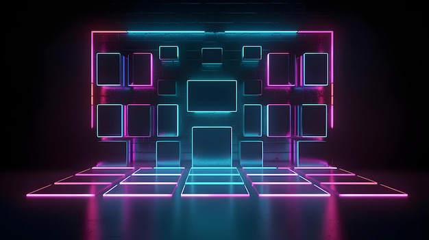 Neon lights in a dark room with a row of square frames