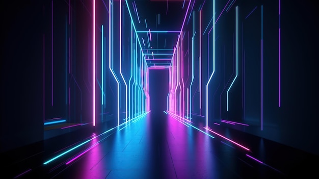 Neon lights in a dark tunnel.