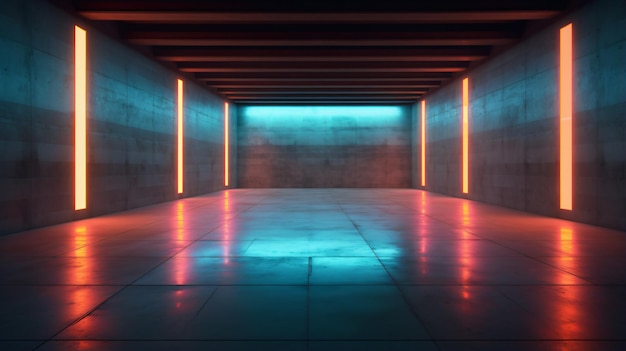 Neon lights in empty concrete room