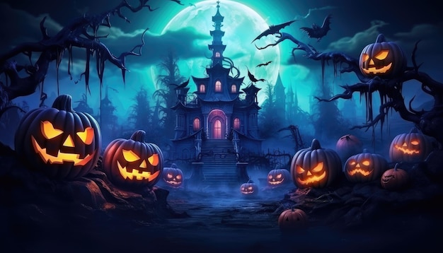 Neon lights halloween party background with pumpkins