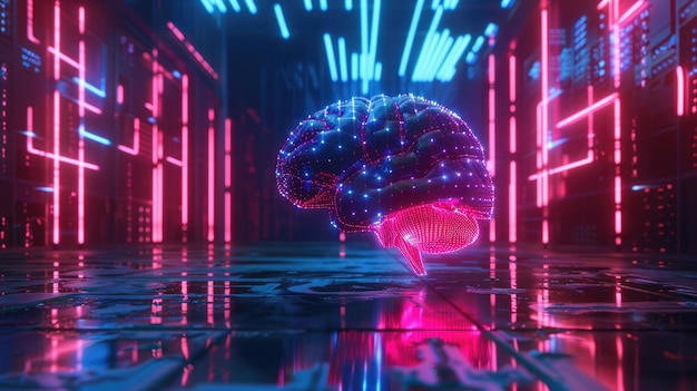 Photo neon lights highlight a futuristic ai brain depicting human and ai intelligence intersection artificial intelligence