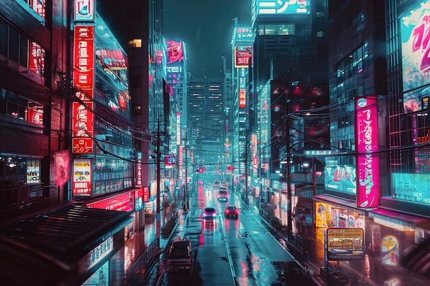 Neon lights and holographic advertisements in a city setting