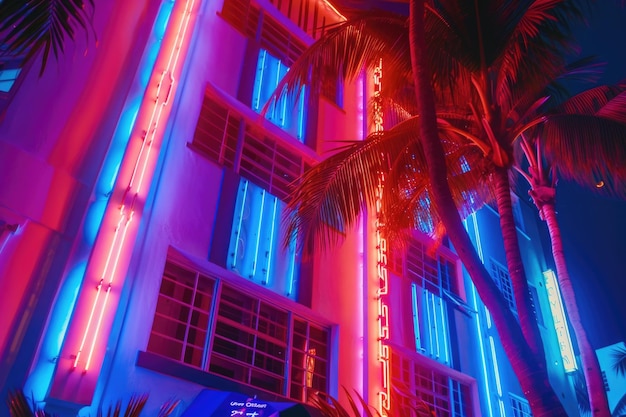 Photo neon lights illuminate miami beach art deco buildings