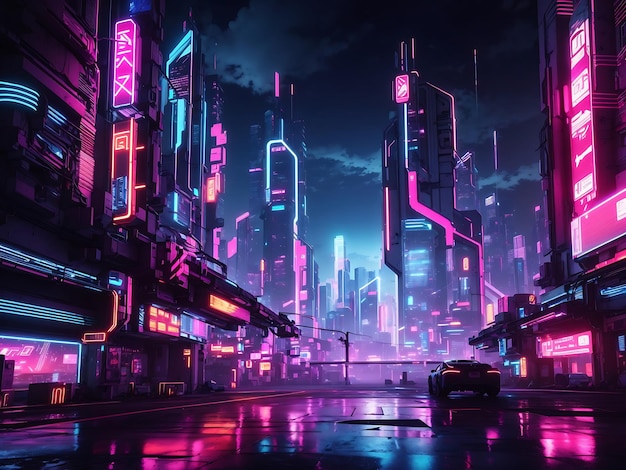 Neon lights illuminating an abstract cyberpunkinspired city at night