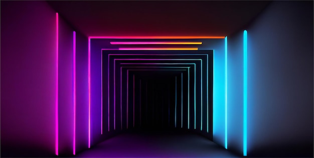 Neon lights a laser display glowing lines an abstract fluorescent background an optical trick a space a hallway or the interior of a nightclub Generative Ai