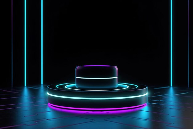 Neon lights on a podium in a dark room