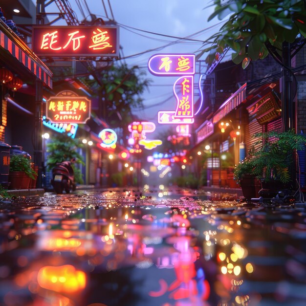 Neon lights reflecting off wet pavement in a cityscape after a rain Reflection