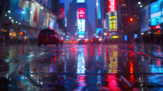 Neon lights and reflections on wet city streets on a rainy night AI generative