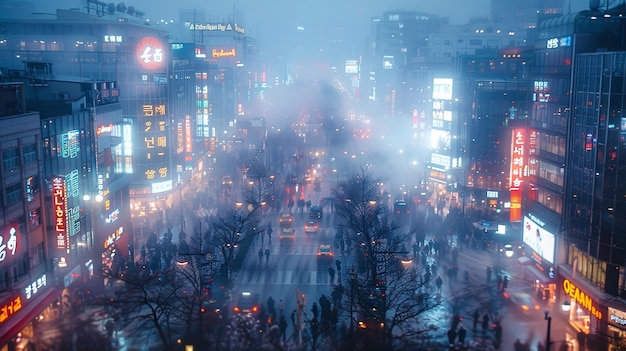 Неоновые огни в ночном городе Сеула
