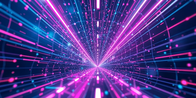 neon lights streak through a digital tunnel