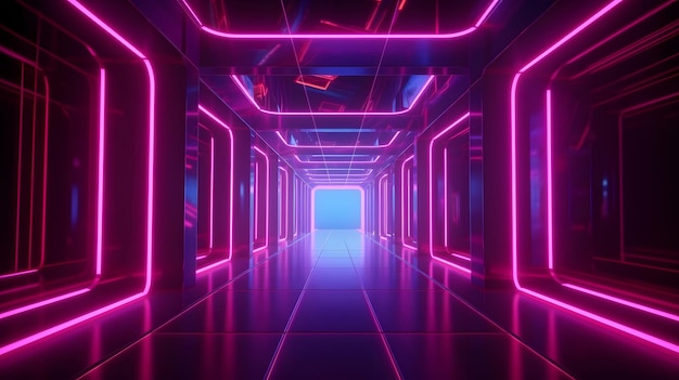 Neon lights in a tunnel with a blue floor