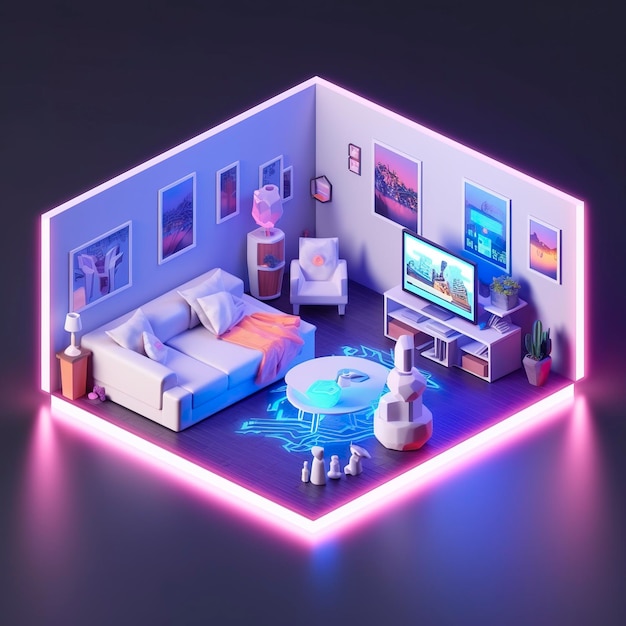 GamingRoom room with neon lights and furniture | 3D model