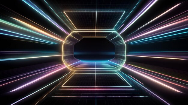 neon lijn perspectief abstracte geometrische neon achtergrond regenboog stralen snelheid licht generatieve AI