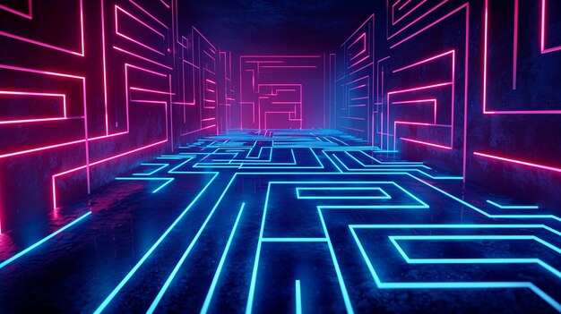 Neon lines merging into a mesmerizing maze on a dark background