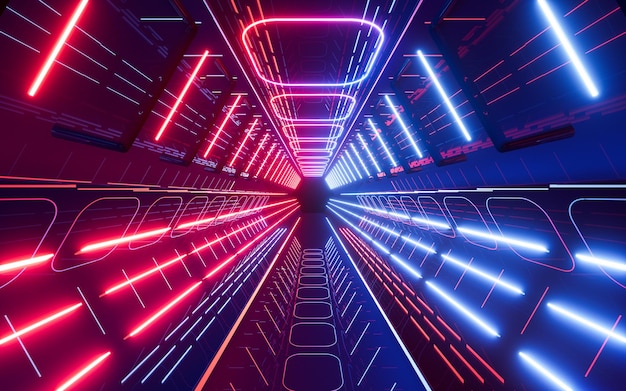 Neon lines and tunnel 3d rendering