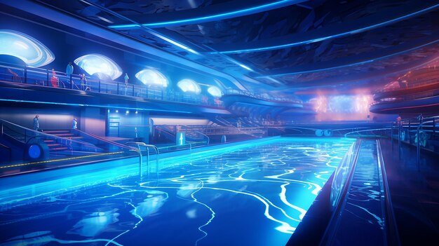 A neon lit 3d render of a high school swim competition