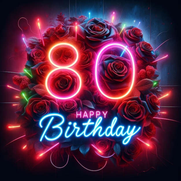 Photo neon lit 80th birthday with roses celebration