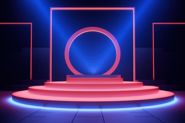 Photo neon lit abstract background with podiums showcasing products