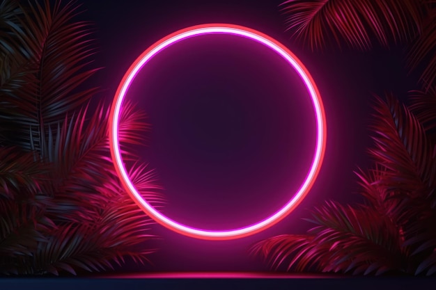 Neon lit circle with palm leaf shadow Abstract background