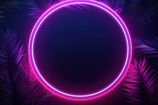 Photo neon lit circle with palm leaf shadow abstract background