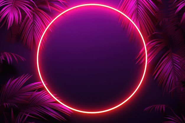 Neon lit circle with palm leaf shadow Abstract background