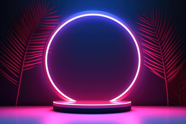 Photo neon lit circle with palm leaf shadow abstract background