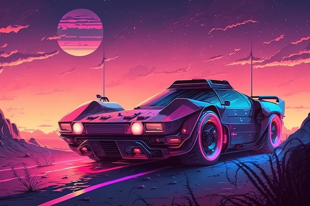 Neon lit futuristic automobile against a blue pink sky at dusk notion of cyberpunk Poster for synthwave Retro futuristic wallpaper with an illustration