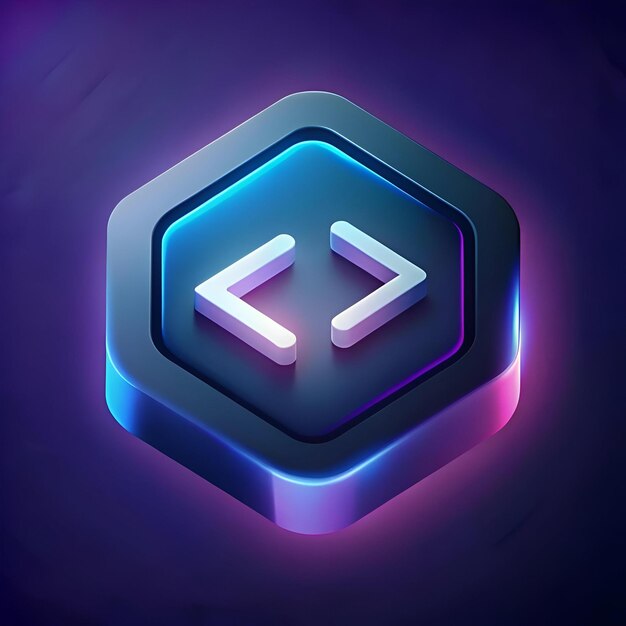 3D 코드 기호를 가진 네온으로 조명된 육각형 버튼은 프로그래밍, 코딩, 웹 개발 및 기술을 나타내는 데 완벽합니다.