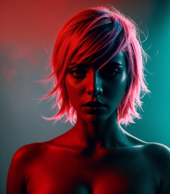 Foto ritratto illuminato al neon di una donna con i capelli rosa