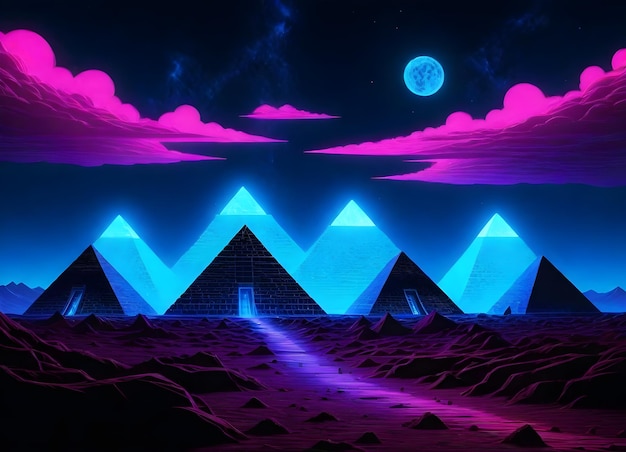 Неоновые пирамиды с ярким синим и розовым небом ночью