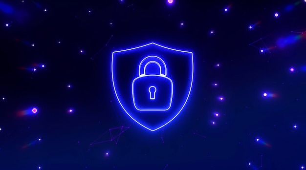 Neon locked padlock Concept of data protection cybersecurity technology