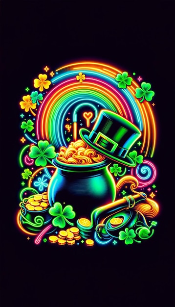 Photo neon magic pot of gold and rainbow