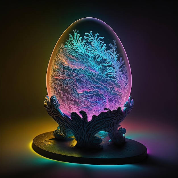 Neon magical egg on podium dark background