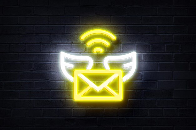 Neon Mail and wings on a brick wall