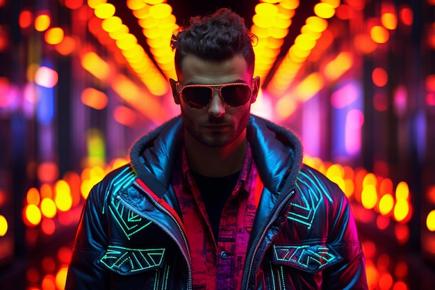 A neon man a neon jacket cyberpunk man