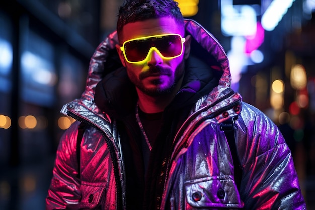 A neon man a neon jacket cyberpunk man