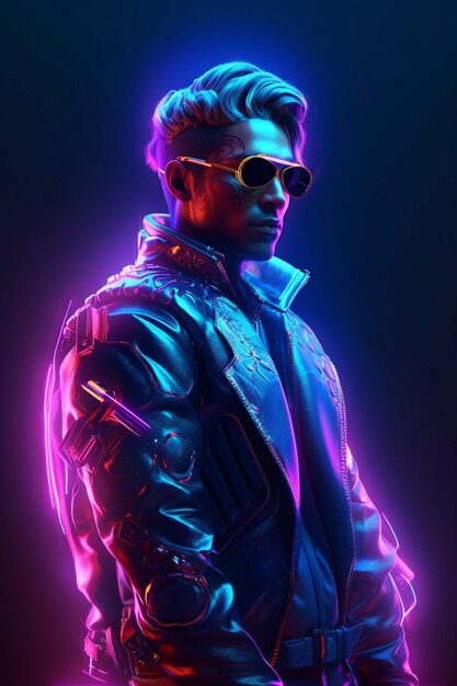 A neon man a neon jacket cyberpunk man