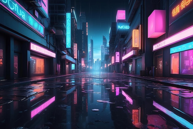 Neon Mega City 3D Rendering Light Reflections on Street Puddles Cyberpunk Theme Business District Center Tech Background Nightlife Concept