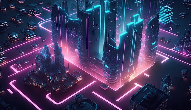 Neon mega city capital towers with futuristic technology background future modern Generative Ai