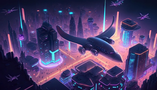 Neon mega city capital towers with futuristic technology background future modern Generative Ai